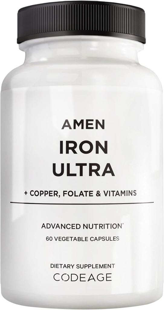 Amen Iron Ultra Supplement + Copper, Folate, Vitamin C ve B12-2-Month Supply - Ferrous Sulfate Iron Vitamin - 65 mg Per Servis - Folic Acid - Non-GMO Pills - 60 Capsules