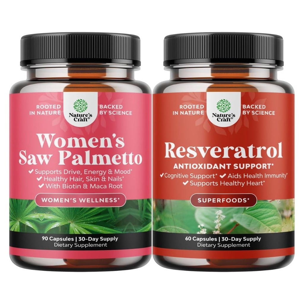 Bundle of Women's Saw Palmetto and Resveratrol Supplement - Saw Palmetto Extract Capsules with Maca Root & Biotin for Hair Loss and AMPK Metabolic Activator for Metabolism Boost & Cellular Efficiency