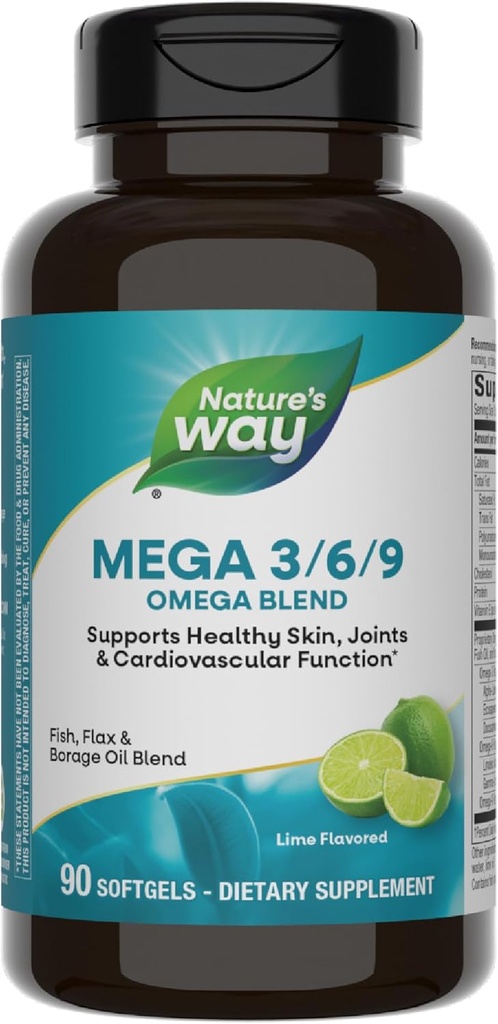Nature's Way Mega 3/6/9 Omega Mix, Supports Health Skin, Joints, Cardiovascular Function*, Fish, Flax, Borage Oil, 90 Lime Flavored Softgels (Pazarlama May Vary)
