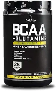 SASCHA FITNESS BCAA 4:1 + Glutamine,HMB,L-Carnitine, HICA | Güçlü ve Anında Toz Öpmüş Zincirlü Zincirler (BCAAs) Pre, Intra ve Post-Workout|Doal Pinele Flavor,362.5g