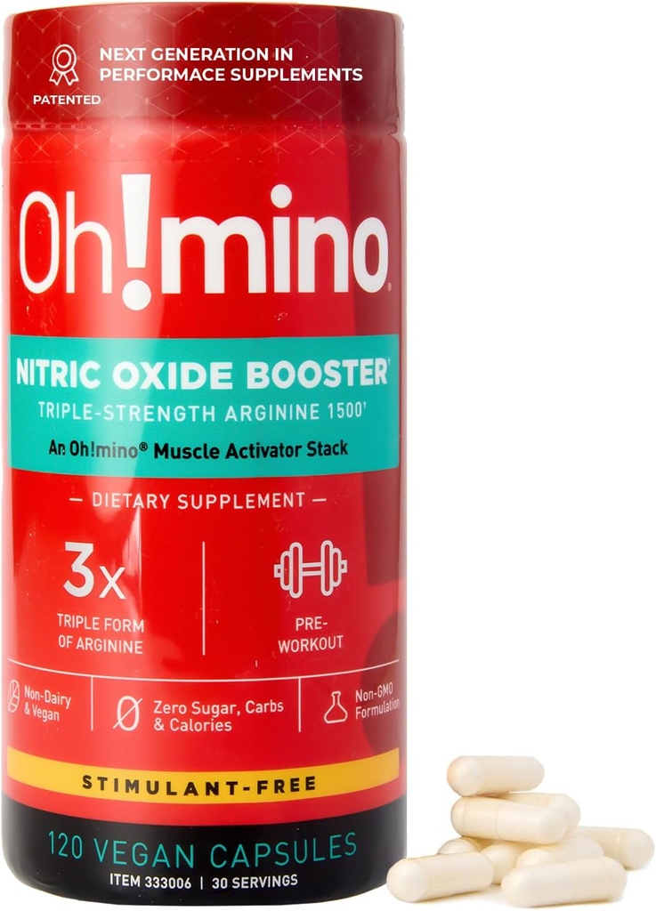 Oh!mino L-Arginine Nitric Oxide Supplement - Blood Flow Supplement, Nitric Oxide Booster w/Beetroot Powder for Energy, Focus, Endurance, Muscle Building - Pre & Post Workout (120-Count, 30 Servings)