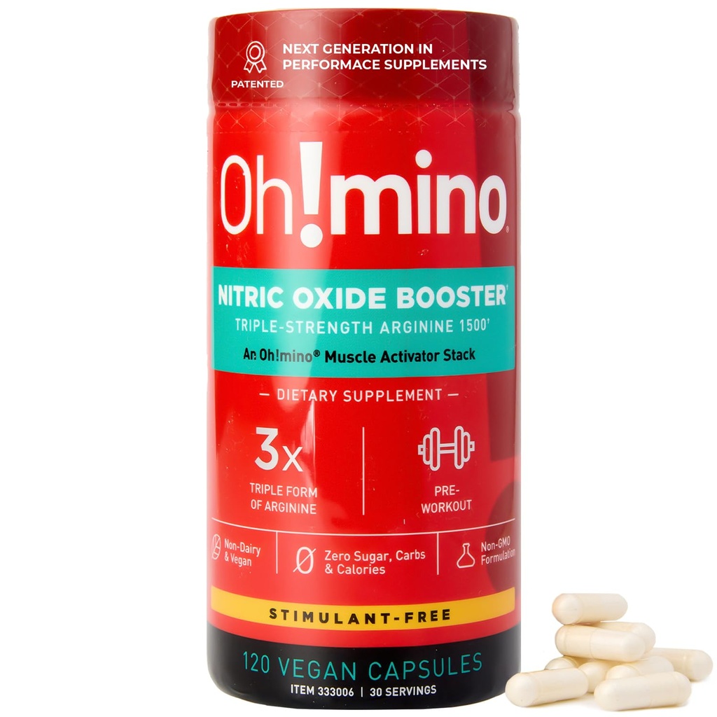 Oh!mino L-Arginine Nitrik Oksit Supplement - Blood Flow Supplement, Nitrik Oksit ATM w/Beetroot Toz Enerji, Focus, Endurance, Kas Building - Pre & Post Workout (120-Count, 30 Hizmet)