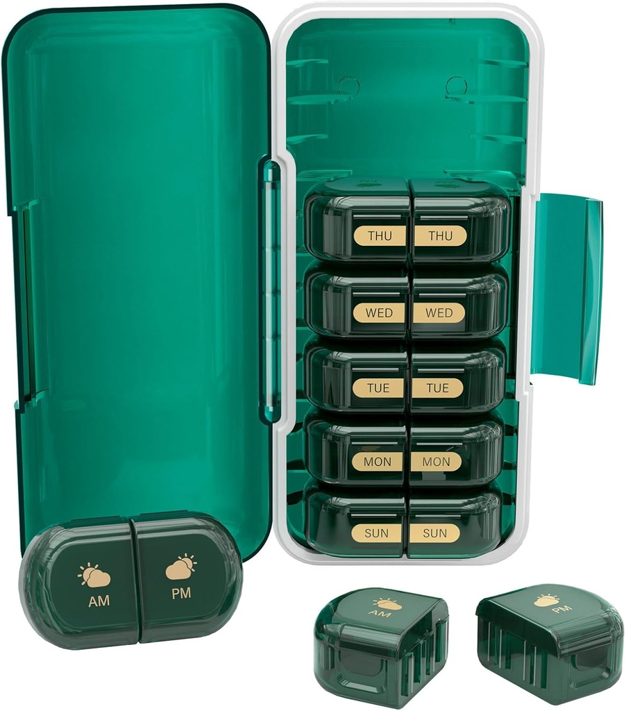 Weekly Pill Organizer 2 φορές την ημέρα, Moisture-Proof, Αποσπώμενα διαμερίσματα, AM PM Pill Box 2X 7 Day, Travel Pill Organizer για χάπια / Fish Oil / Medication / Vitamin / Συμπληρωματικά (Dark Green)