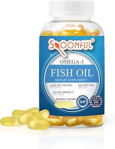 Spoonful Omega 3 Fish Oil 2400 mg, 200 Capsules, Burpless, Hızlı Yayın Softgel Capsules, ABD'de Made in USA, NSF-Cerated