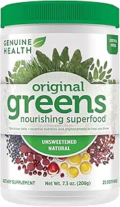 Gerçek Sağlık Yeşilleri+ Orijinal Superfood Toz - Unsweetened Natural - Stevia Free - Chlorophyll Rich Materialss, Spirulina, Milk Thistle, Antioksis -Dairy Free -208g-25 Servisler