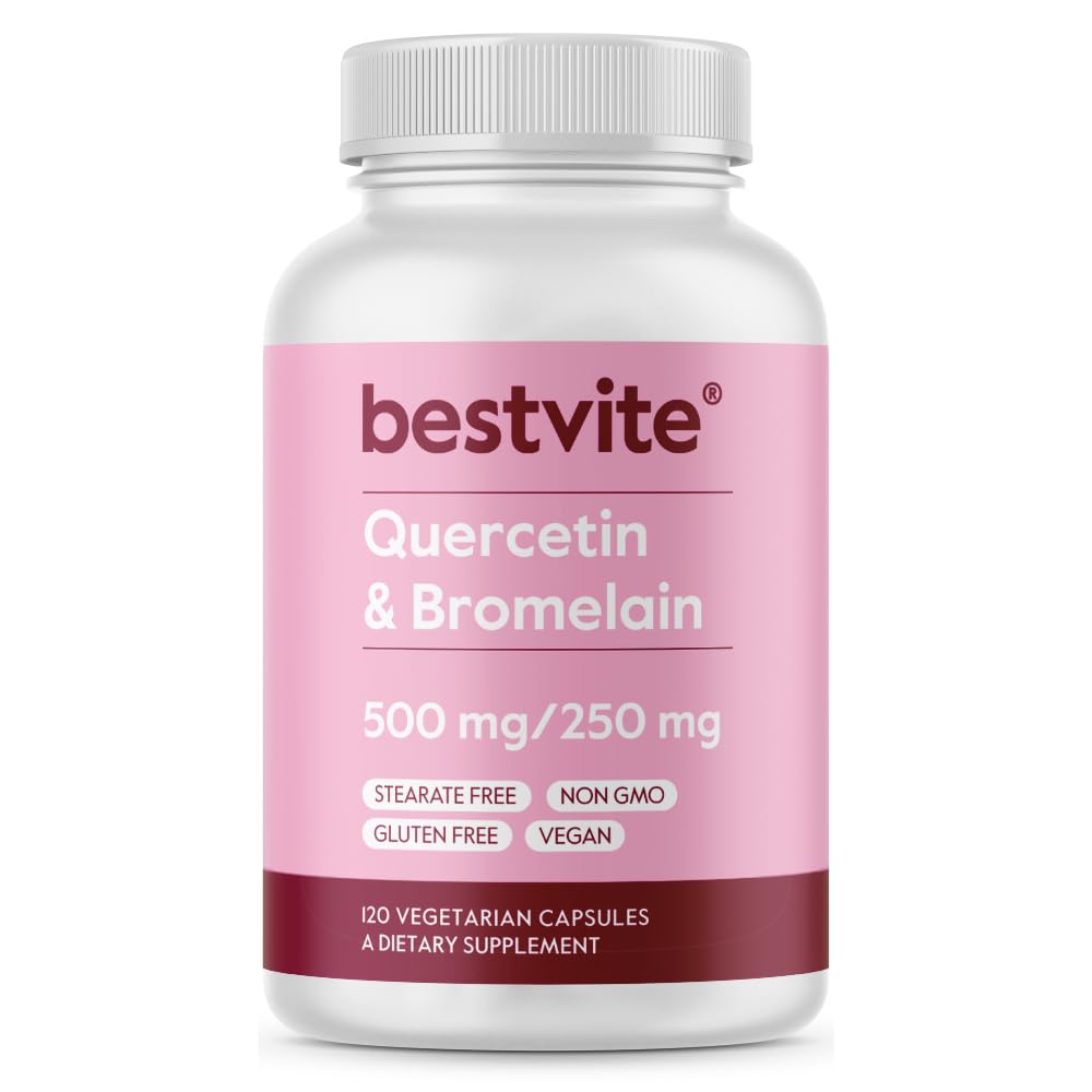 BESTVITE Quercetin με Bromelain 500mg/250mg (120 κάψουλες χορτοφάγων) - Χωρίς στέαρ - Όχι Dioxide σιλικόνης - Vegan - Μη ΓΤΟ - Χωρίς γλουτένη