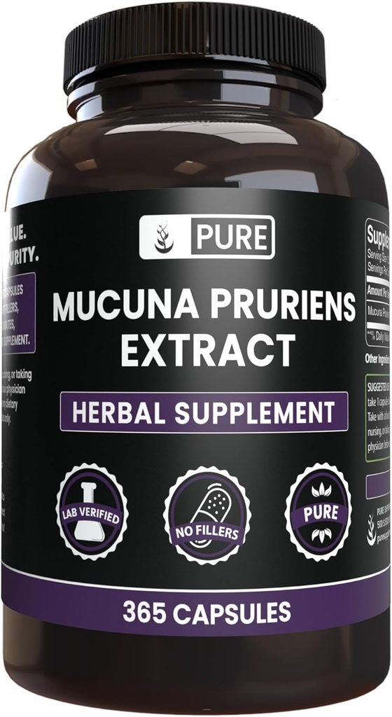 Pure Original Materialss Mucuna Pruriens (365 Capsules) Hiçbir Magnezyum Or Rice Fillers, Always Pure, Lab