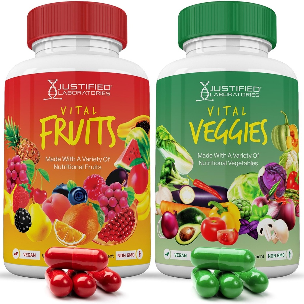 Justified Laboratories (Set of 2 Vital Fruits and Veggies Supplement Red & Green Superfoods Whole Food Non GMO Vegan 180 Veggie Capsules 2 Şişes