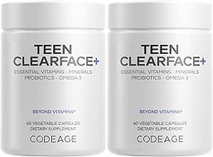 Kodage Teen Clearface Adolescent Face, Skin & Pimples, Vitamins A, C, D3, E, Pantothenic Acid, Niacin, çinko Supplement Youngrs, Probiyotikler, L-Lysine, Omega-3, Oily Skin, Pores, Spotlar - 2 Pack