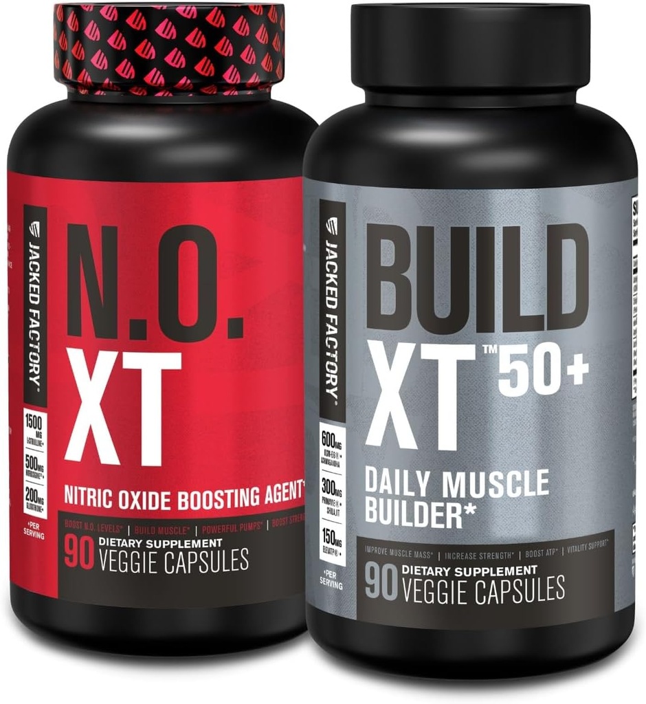 Jacked Factory N.O. XT Nitric Oxide Supplement (90 Capsules) & Build XT 50+ Daily Muscle Builder (90 Capsules) for Muscle Growth, Pumps, Vitalty, & Recovery