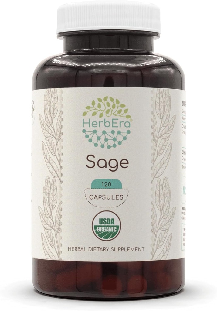 HerbEra Sage USDA Organic 120 Capsules | Natural Herbal Supplement | Sertifikalı Organik Vejetaryen Capsules ve Organik Sage (Salvia officinalis) kuru bir Broşür (120 Capsules)
