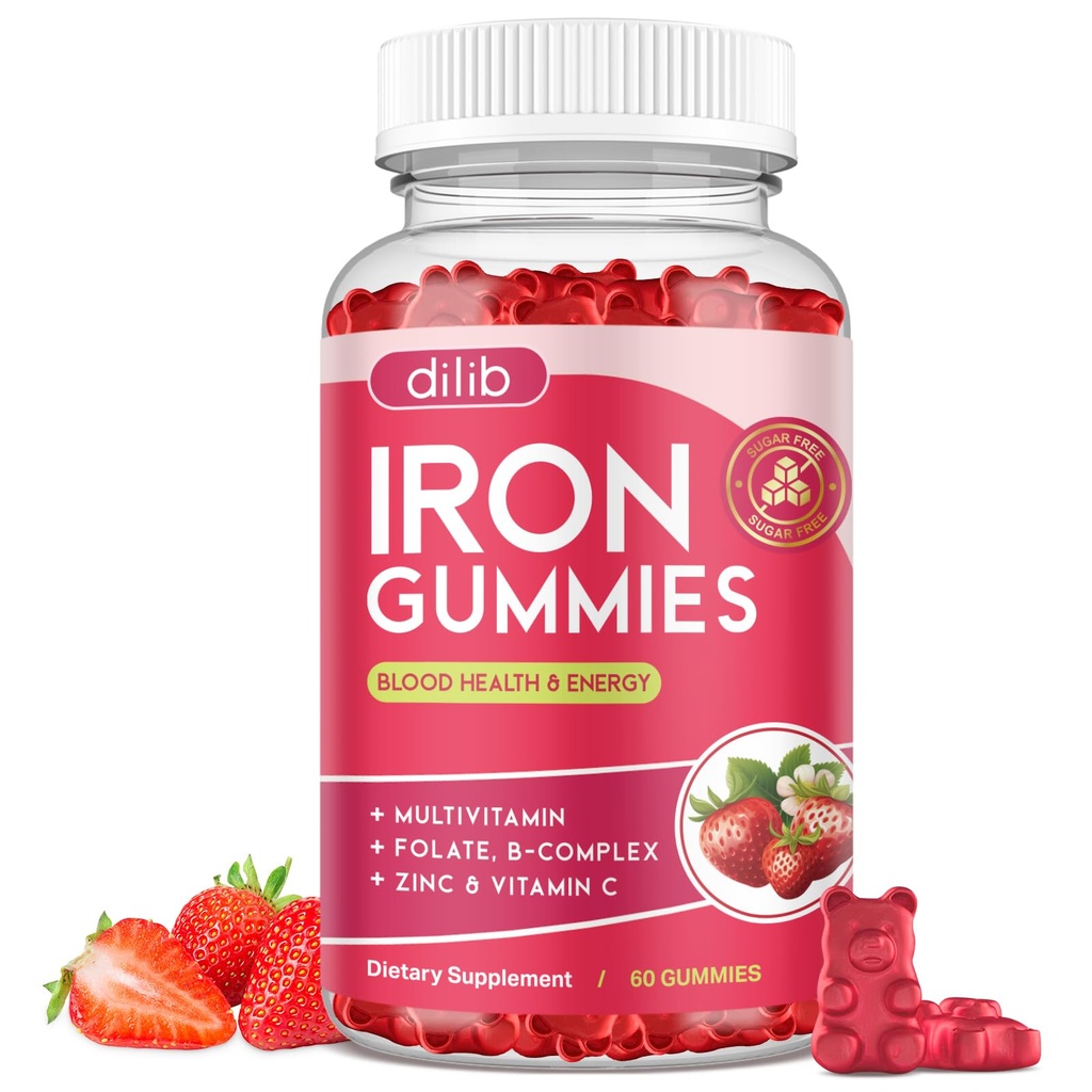 Iron Gummies with Multivitamin, Iron Supplement for Women & Men with Zinc, Vitamin B Complex & C, B12, Folate - Blood Builder & Energy Support for Adults & Kids - Frawberry Flavor, Vegan 60 Gummies