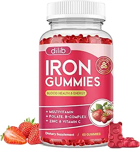 Multivitamin ile Demir Gummies, çinko, B Complex & C, B12, Folate - Blood Builder & Energy Support for Yetişkinler & Çocuklar - Strawberry Flavor, Vegan 60 Gummies