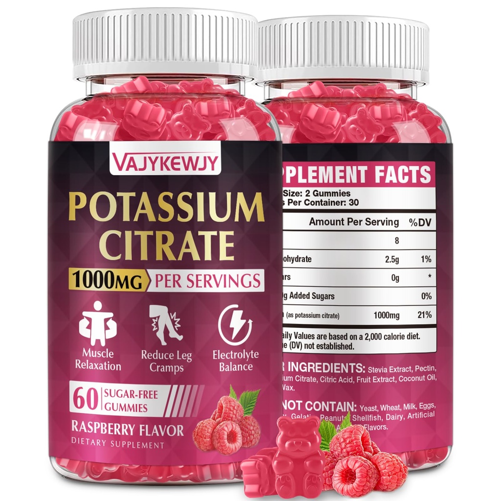 Potasyum Gummies, Yüksek Potasyum Supplement (1000 mg), Destekler Leg Cramps & Muscle Health, Yetişkinler ve Çocuklar için Uygun, Vegan, Non-GMO, 60-Count