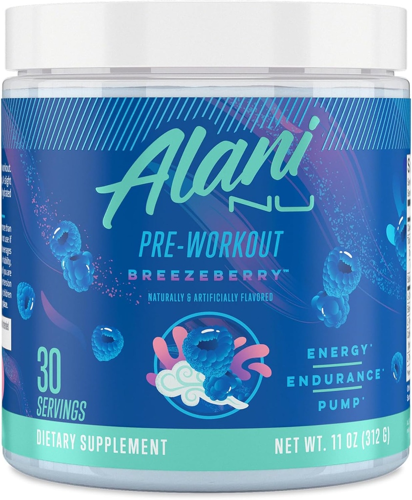 Alani Nu Pre Processing Powder BREEZEBERRY, Amino Energy Boost, συμπλήρωμα αντοχής, χωρίς ζάχαρη, 200mg καφεΐνη, L-Θεανίνη, Beta-Αλανίνη, L-Citrulline, 30 υπηρεσίες