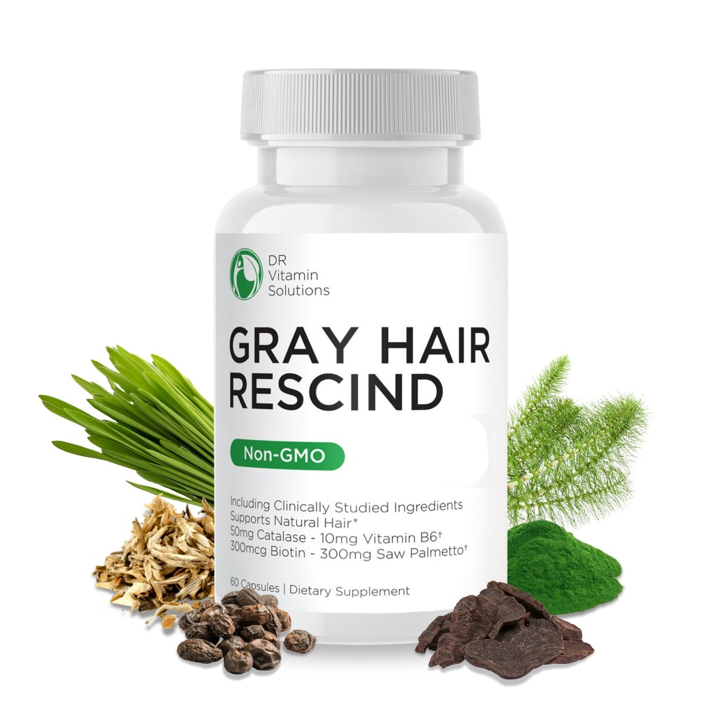 DR Vitamin Çözümleri Gray Hair Rescind with Catalase - Antiaging Hair, Skin and Nails Vitamins, Pantothenic Acid, Folic Acid 400mcg, Biotin 300 Find Palmetto for Men and Women