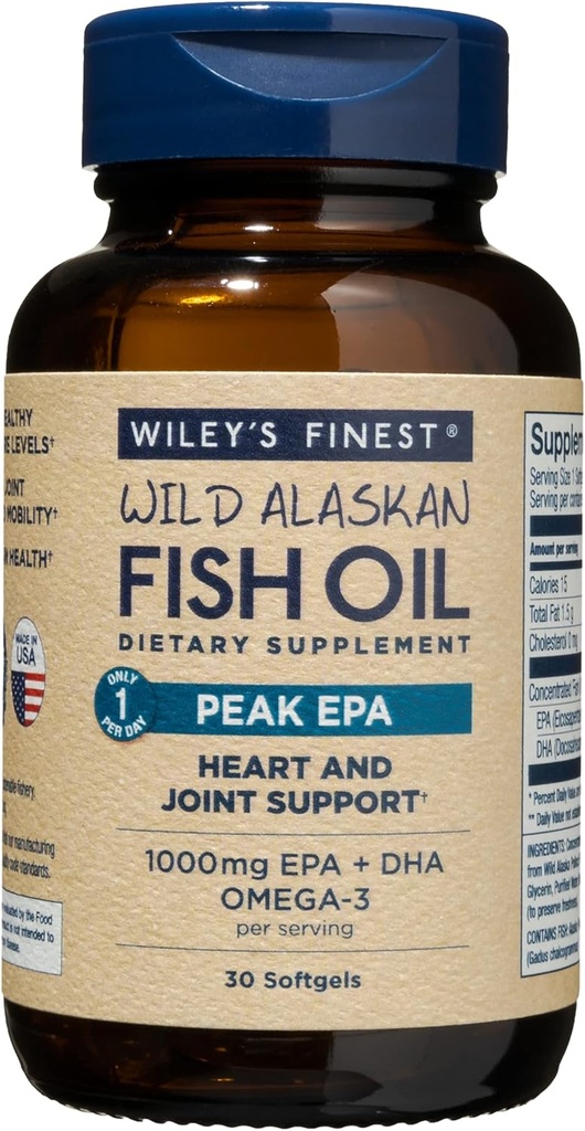 Wiley's Finest Wild Alaskan Fish Oil Peak EPA - Triple Strength Peak EPA & DHA Supplement - 1000 mg Fish Oil - Omega-3s Ortak Sağlık Desteği için - 30 Softgels (30 hizmet)
