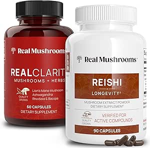 Real Mushrooms RealClarity (60ct) and Reishi (90ct) Κάψουλες Bundle - Mushroom Supplement for Mental Clarity, Focus, Relaxation, Sleep & Longevity - Vegan, Non-GMO, Επαληθευμένα Επίπεδα Beta-Glucans