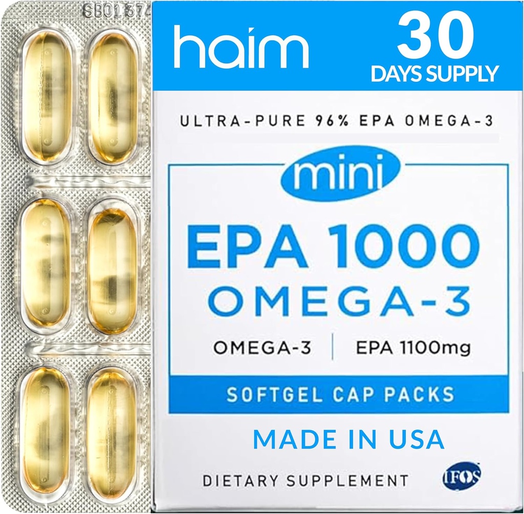 HAIM EPA1000 MINI – Pure Fish Oil Supplement – 1,100 mg Omega-3 for Heart, Brain & Joint Health – Yüksek Potency, Burpless Softgels – Küçük, Easy-to-Swallow Capsules – 60 Softgels – ABD'de Yapıldı