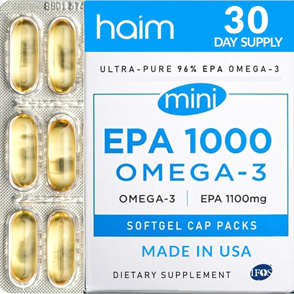 HAIM EPA1000 MINI – Pure Fish Oil Supplement – 1,100 mg Omega-3 for Heart, Brain & Joint Health – Yüksek Potency, Burpless Softgels – Küçük, Easy-to-Swallow Capsules – 60 Softgels – ABD'de Yapıldı