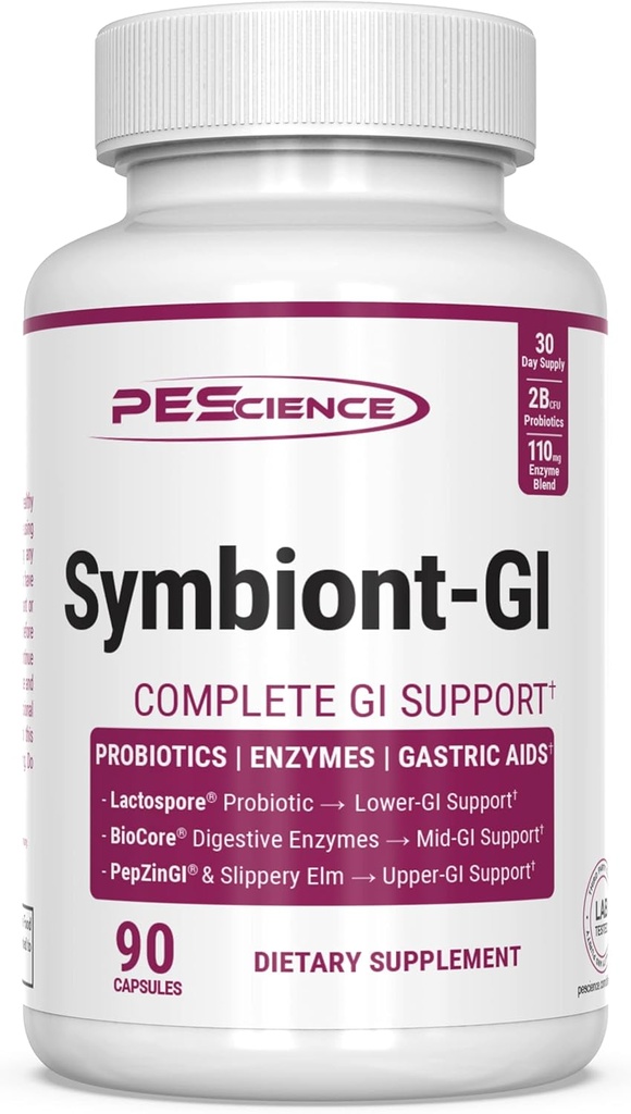 PEScience Symbiont-GI, Ψευδάργυρος Καρνοσίνη Pepzin GI & Ράφι Σταθερές Προβιοτικές Κάψουλες, Digestive Enzyme Συμπλήρωμα για γυναίκες και άνδρες, με Slippery Elm Bark, 30 Ημέρα προσφοράς