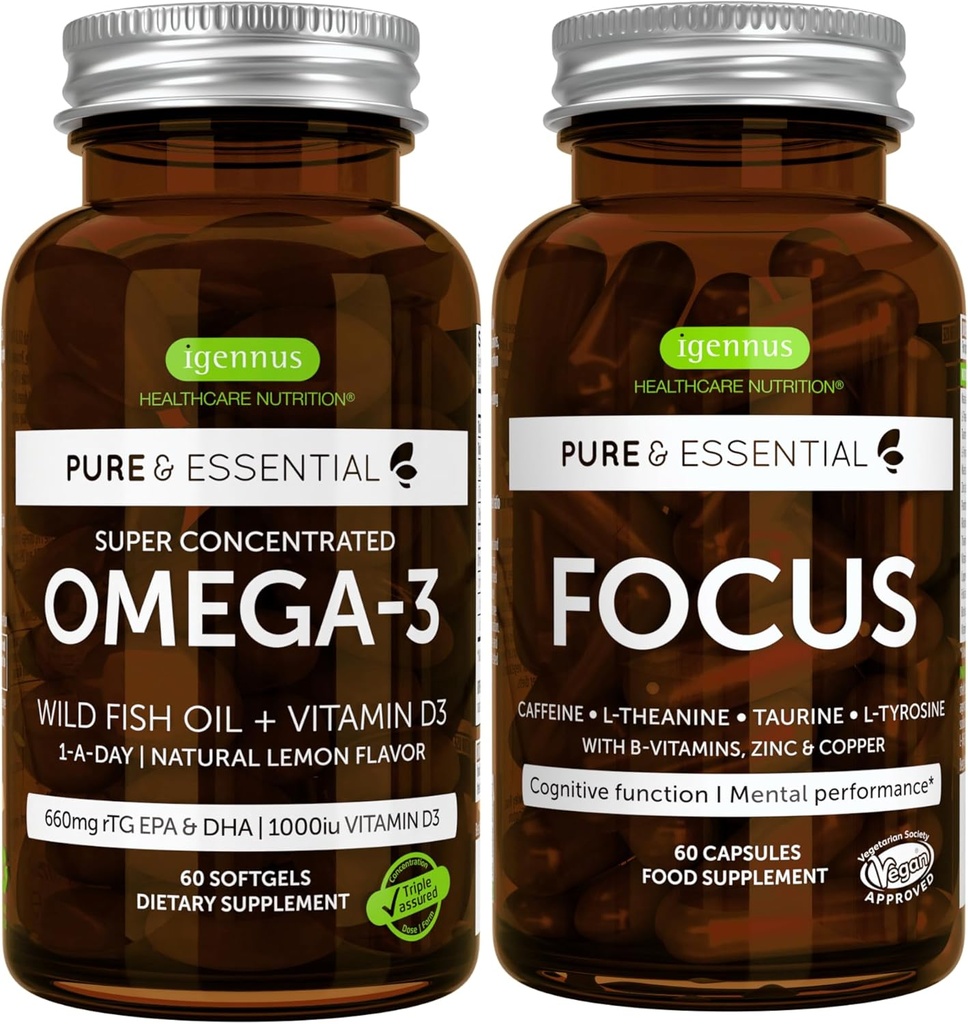 Omega-3 & Vitamin D3 1000iu + Focus Brain ATM, Fast-Acting 1-a-Day EPA & DHA rTG Wild Fish Oil + Caffeine, L-Theanine, Taurine & L-Tyrosine, B-Vitamins, çinko & Copper, Igennus