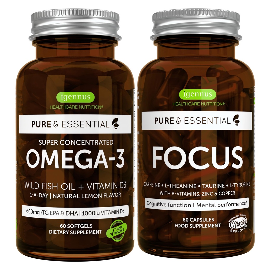 Omega-3 & Vitamin D3 1000iu + Focus Brain ATM, Fast-Acting 1-a-Day EPA & DHA rTG Wild Fish Oil + Caffeine, L-Theanine, Taurine & L-Tyrosine, B-Vitamins, çinko & Copper, Igennus