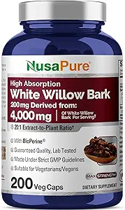 NusaPure White Willow Bark 20:1 Ekstraksiyon, 200 mg 4000 mg, 200 Veggie Capsules, Max Strength, (Non-GMO, Vegan)