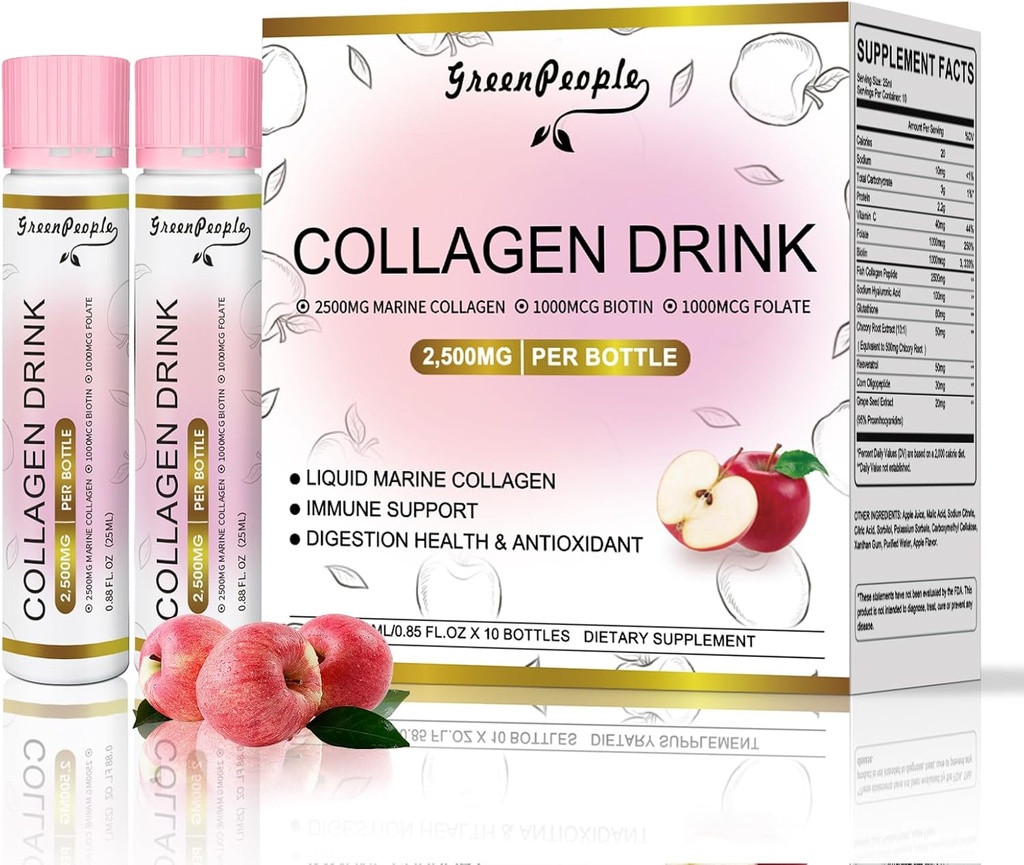 Kadınlar ve Erkekler için Sörek Kolajı, Fish Collagen, + Hyaluronic Asit + Vitamin Bs & C, Saç Skin Nails Ortakları Bones Support (0.85 fl oz, 10 Şişe, Apple)
