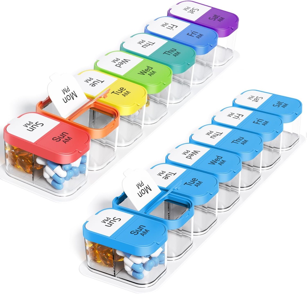 Odaro Ekstra Büyük Haftalık Pill Organizer, XL Pill Box 7 Gün AM PM, Jumbo Medicine Organizer 2 Zaman Günlük Tıp, Vitaminler ve Supplements, Rainbow & Blue / White (Set of Two)