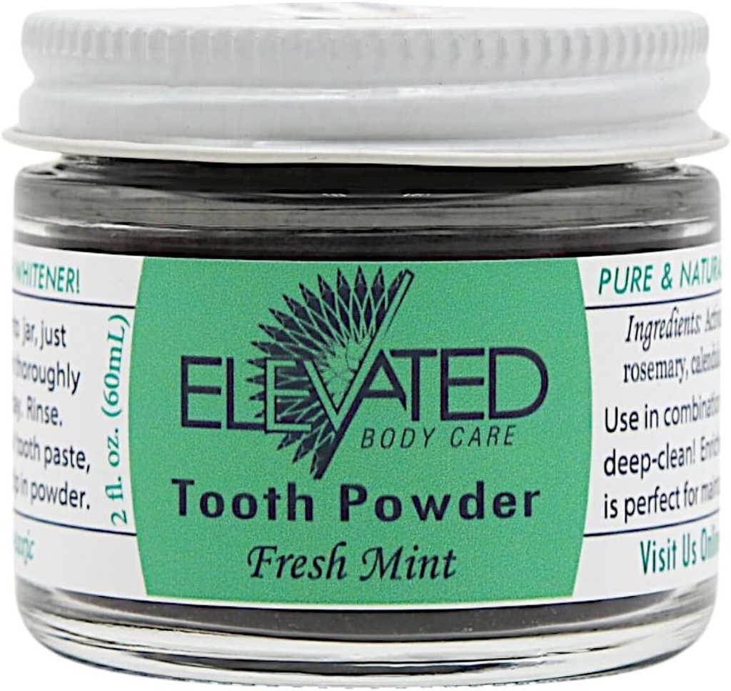 Elevated Tooth Toz – All Natural Tooth Toz with Xylitol and Active Charcoal - Herbal - Vegan - 2 oz Glass Jar - Mint or Cinnamon, Great with Elevated Toothpaste - Made in USA (Mint)