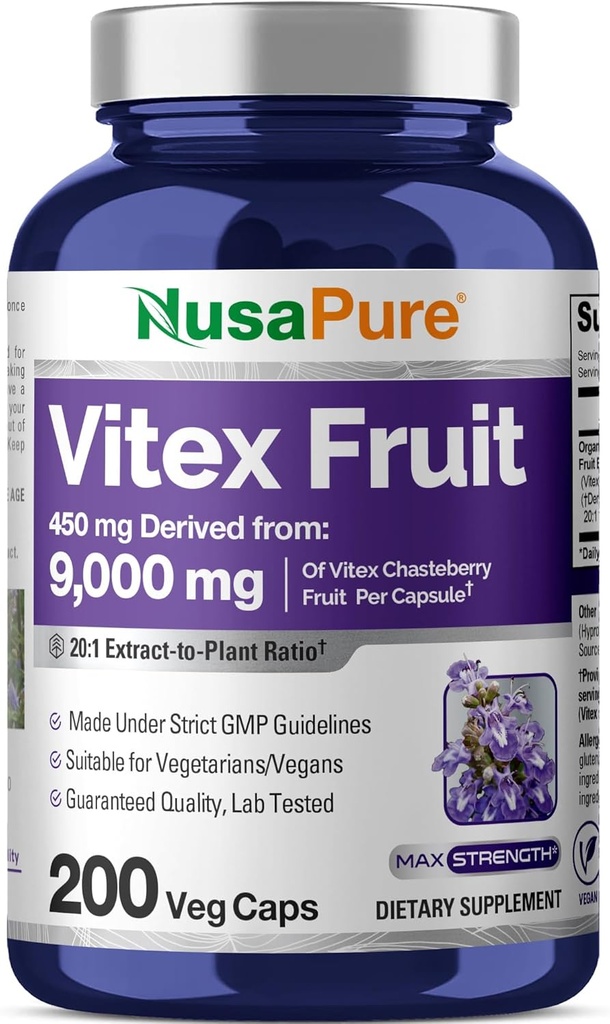 NusaPure Vitex Chasteberry Fruit 20:1 Extract, 450 mg Equivalent to 9,000 mg 200 Vegan Capsules - Non-GMO, Vegan Dietary Supplement