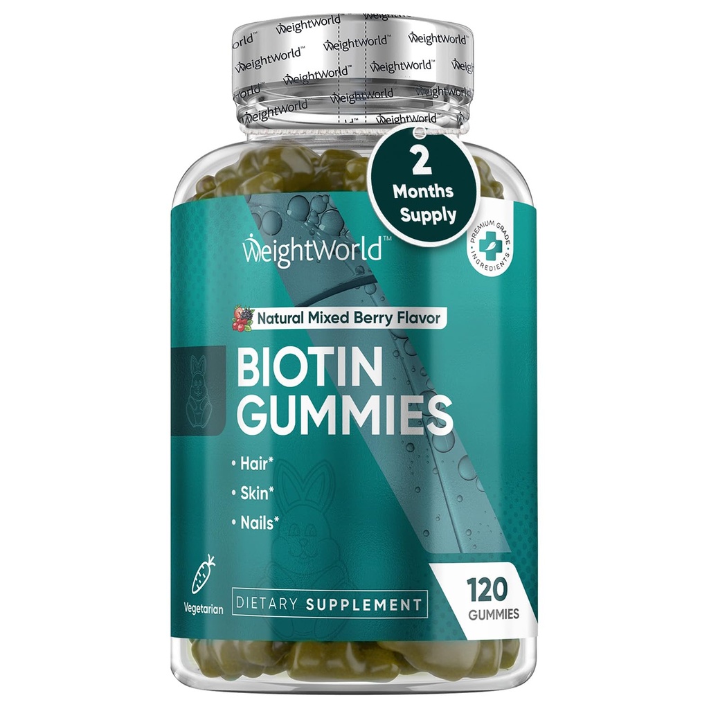 ΒάροςWorld Biotin Gummies για τα μαλλιά, δέρμα & νύχια 5000mcg - 120 Count (60 Services) - Biotin συμπληρώματα για γυναίκες & άνδρες - Φυσικό μεικτό μούρο Γεύση Biotin Gummy - χορτοφάγους & τρίτο μέρος δοκιμαστεί