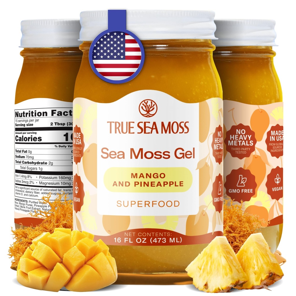 TrueSeaMosss Wildcrafted Irish Sea Moss Gel - Seamoss, Gut Health & Antioksi Supports - ABD'de (Mango/Pineapple, 1)
