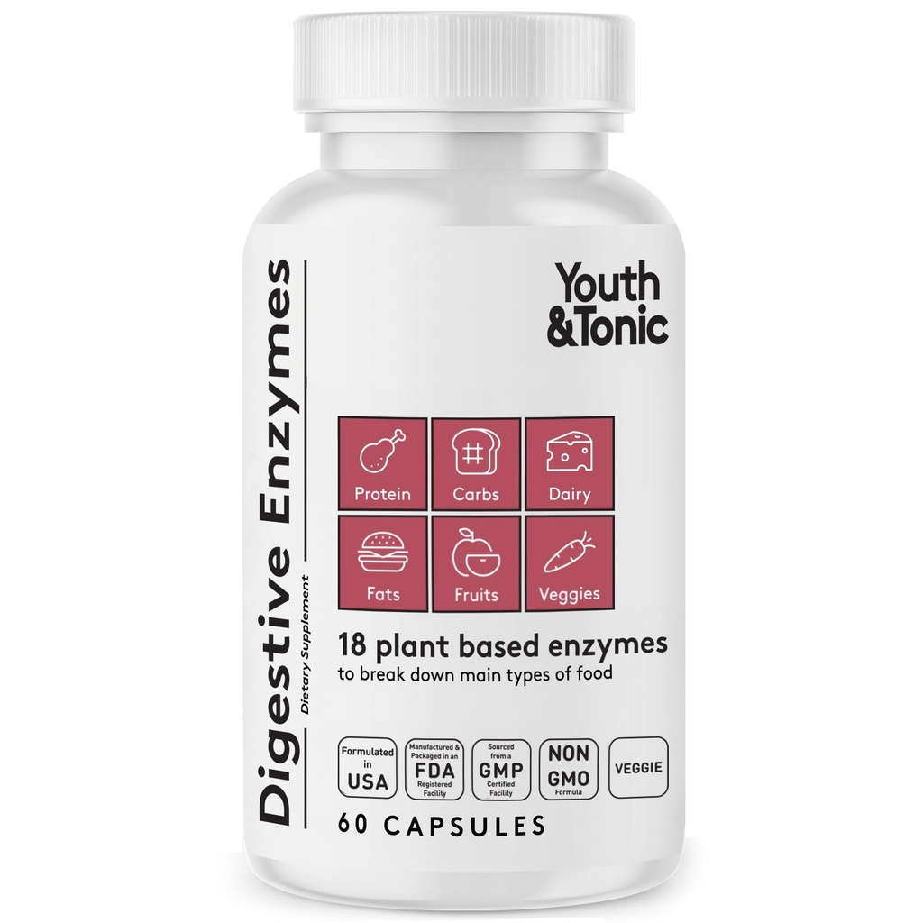 Ένζυμα Youth & Tonic Digestive με Amylase Bromelain Lipase Lactase Protease Papain - Σύνθετα Ένζυμα Φυτών Digestion για Διανομή Τροφίμων Αέριο Bloating Gut Health - Women & Men - 60 Χάπια Φυτικών