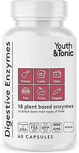 Youth & Tonic Digestive Enzymes with Amylase Bromelain Lipase Lactase Protease Papain - Advanced Digestion Plant Enzymes for Food Breakdown Gas Bloating Gut Health - Women & Men - 60 Sebze Pills