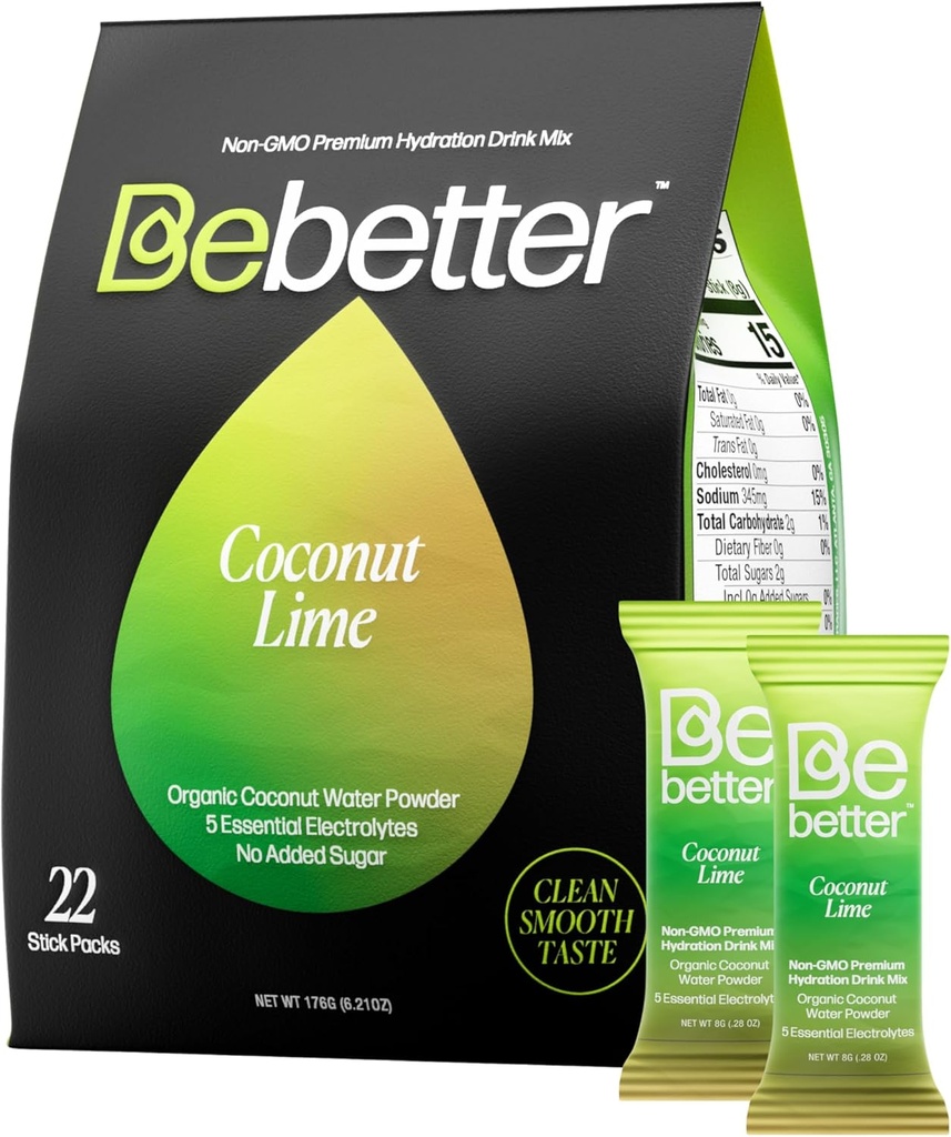 Bebetter Organic Electrolytes Toz Paketleri | Daily Electrolyte Drink Mix | Organik Coconut Su | Yapay Flavors | Sugar Free Hydration Packets | Non-GMO | 22 Sticks Pack (Coconut ve Lime)