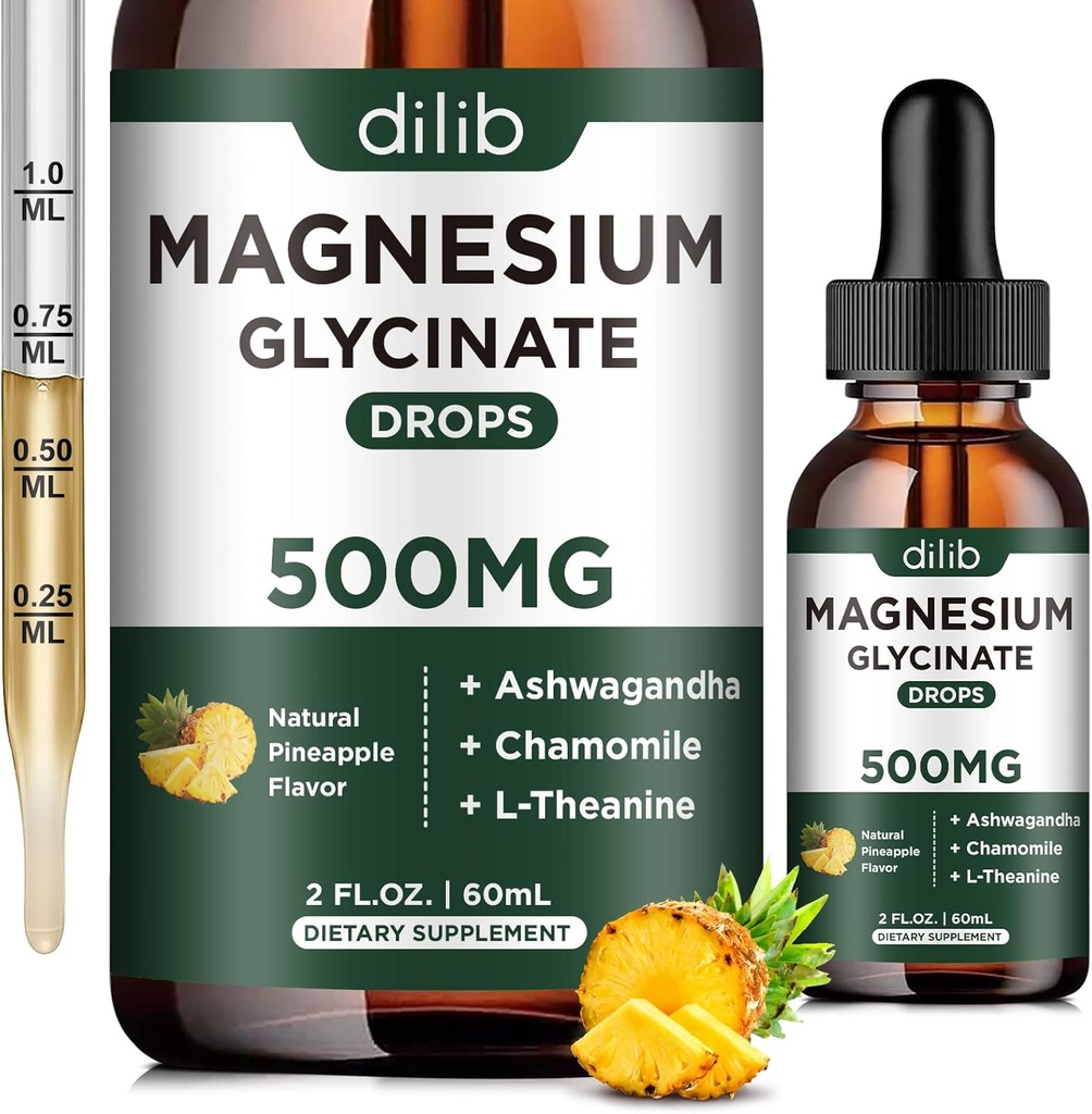 Magnezyum Glycinate 500 mg - Liquid Drops, Ashwagandha, L - Theanine, Chamomile - Calm & Stress Relief, Relaxation, Restful Sleep, Muscle Heart Health, Vegan 2 Fl Oz (30 Gün)
