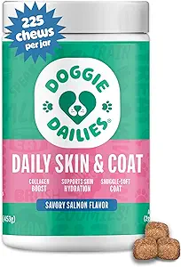 Doggie Dailies Skin & Coat Supplement Support, Salmon Oil for Dogs Skin and Coat with Collagen, Omega 3, Krill Oil, Biotin, & Coconut Oil for Dogs (Salmon) 225 Yumuşak Chews