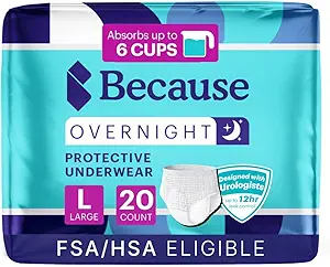 Because Overnight Absorbency Pull Ups - Adult Disposable Incontinence Underwear, Extra Absorbent Nighttime Briefs for Men and Women, White, Large, 20 Count