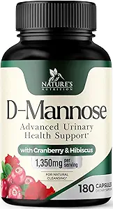 D-Mannose Supplement 1,350 mg with Cranberry & Hibiscus - Etkili Hızlı Teklif, Flush the Impurities for Natural Bladder, Urinary Tract Health Support, for Women and Men, Non-GMO, Vegan, 180 Capsules