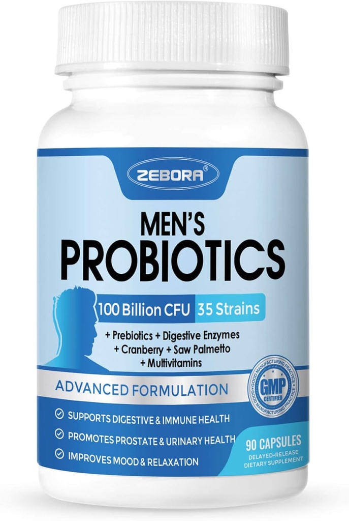ZEBORA Probiyotiks for Men 100 Milyar CFU - Probiyotiks for Digestive Health, Men's Probiyotik Supplement, Prebiyotiks & Enzymes, for Prostate Health with Saw Palmetto | 90 Veg Capsules