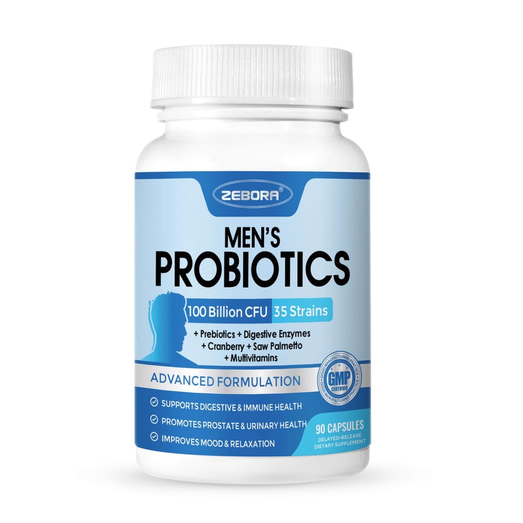 ZEBORA Probiyotiks for Men 100 Milyar CFU - Probiyotiks for Digestive Health, Men's Probiyotik Supplement, Prebiyotiks & Enzymes, for Prostate Health with Saw Palmetto | 90 Veg Capsules