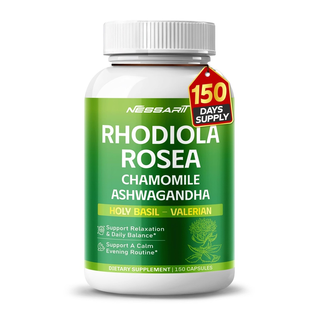 RHODIOLA ROSEA Supplement- 11-in-1 Natural Meeting with Chamomile L-Theanine Ashwagandha Holy Basil Valerian Passionflower - 150 Count - Made & Tested in the USA
