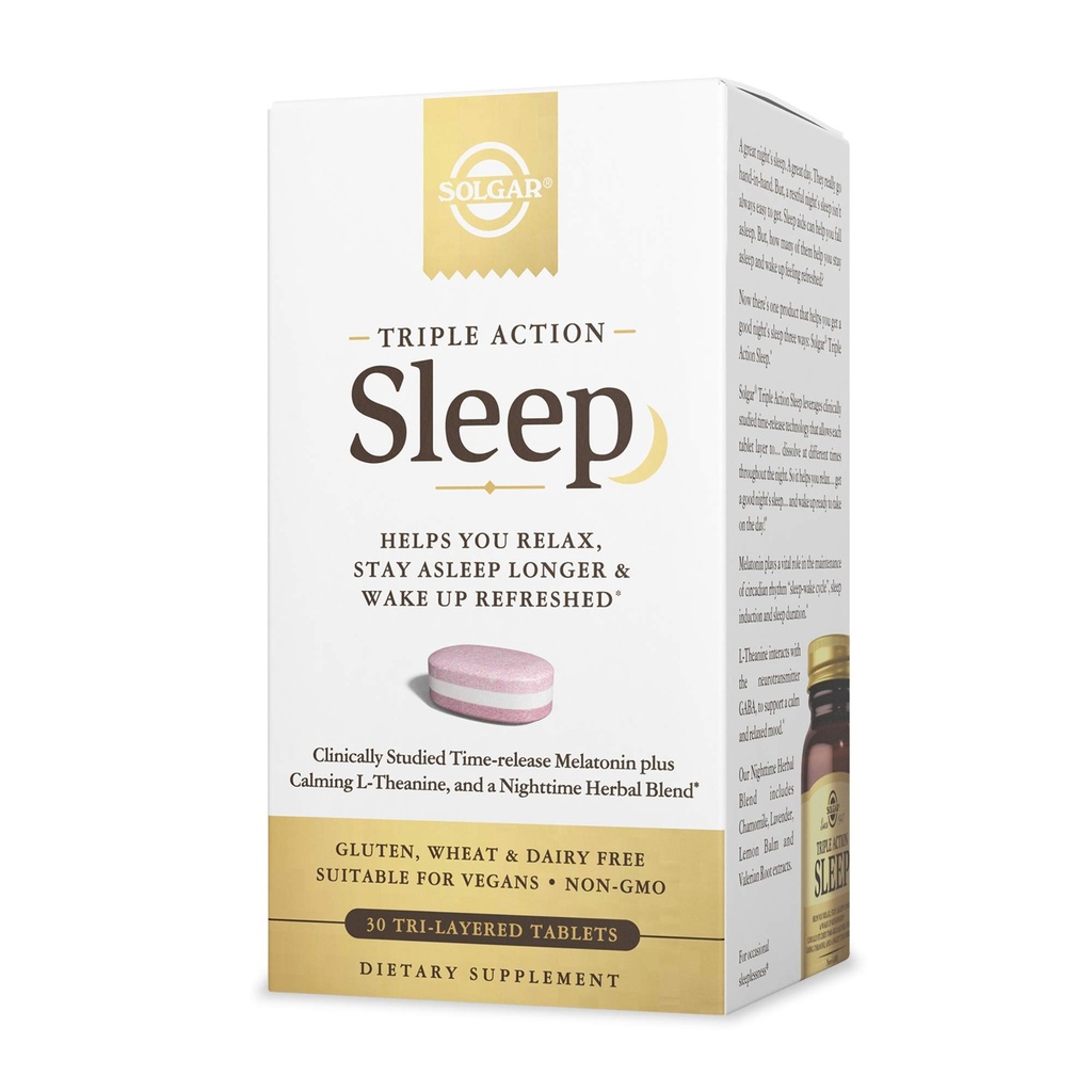 Solgar Triple Action Sleep, 30 Tablets Tri-Layer - Time-Release Μελατονίνη & L-Theanine Plus Herbal Blend - σας βοηθά να χαλαρώσετε, να κοιμηθείτε γρήγορα & να μείνετε περισσότερο ύπνο - Μη-GMO, Χωρίς γλουτένη - 30 Σερβιέτες