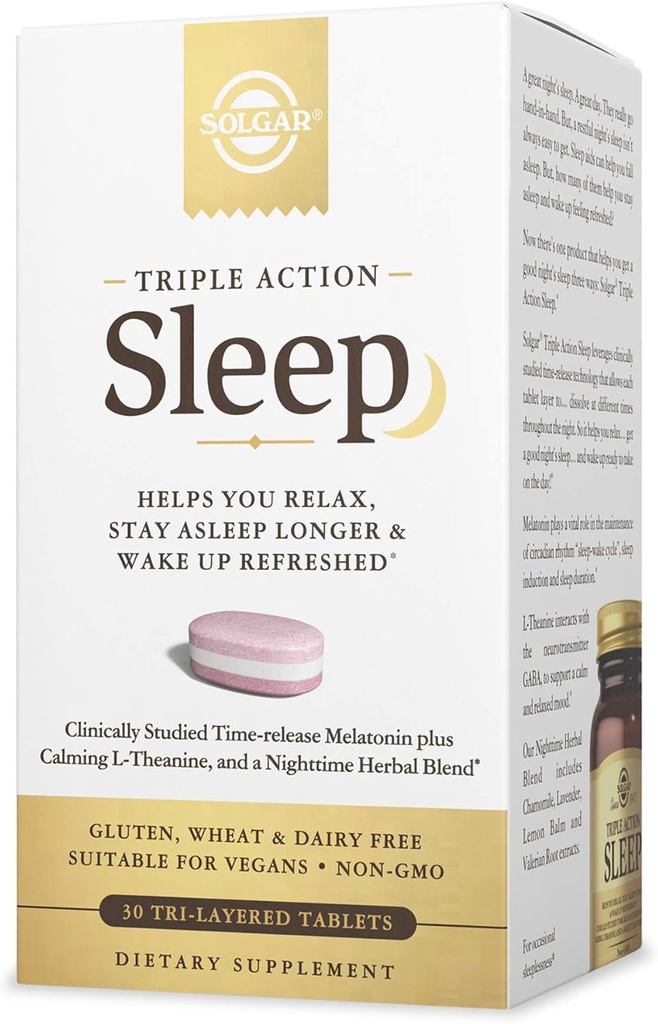 Solgar Triple Action Sleep, 30 Tri-Layer Tabletleri - Time-Release Melatonin & L-Theanine Plus Herbal Mix - Helps You Relax, Fall Asleep Fast & Stay Asleep Longer - Non-GMO, Gluten Free - 30 hizmet