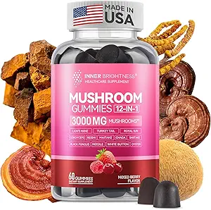 Yetişkinler için Mushroom Gummies 12in-1, 3000 mg Mushroom Supplement with Lion's Mane, Reishi, Cordyceps, Mushroom Gummies for Focus and Energy - Karma Berry Flavor, 60ct