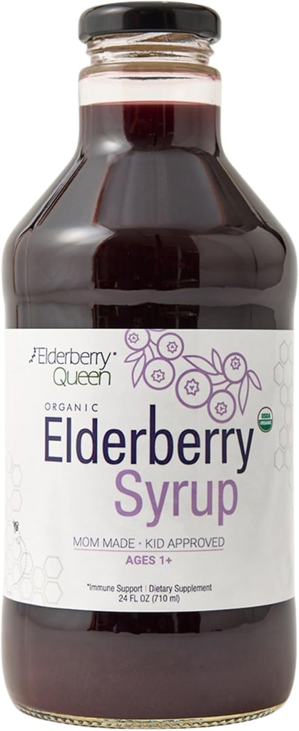Elderberry Queen Organic Elder Syrup 24 Fl Oz - Immune Support Formula with Sambucus Black Elderberry & Aronia Berry - Pure Natural Certified Organic Elder Syrup for Kids and Yetişkinler