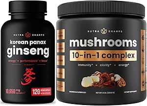 NutraChamps 10in-1 Mushrooms Toz & Ginseng - Ultimate Energy, Stamina & Cognition Support Sche.