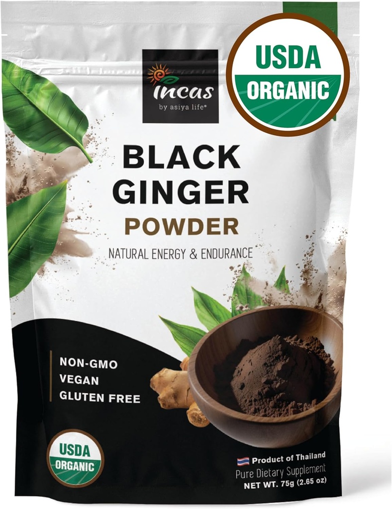INCAS 100% USDA Organic Thai Black Ginger σκόνη για τους άνδρες 2.65 Ουγγιά από την Ταϊλάνδη μη ΓΤΟ Επαληθευμένο συμπλήρωμα βοτάνων για τη φυσική ενέργεια & αντοχή
